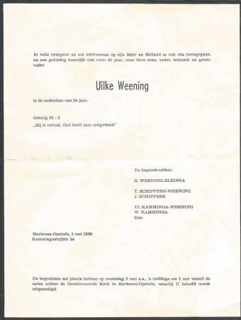 Rouwkaart Uilke Weening